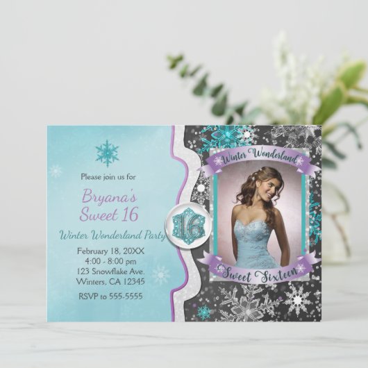 Winter Wonderland Sweet 16 Party Foto Uitnodiginge Kaart (Staand voorkant)
