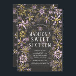 Winter Wonderland Sweet Sixteen Birthday Party Kaart<br><div class="desc">Moderne zestiende winteruitnodiging met gouden en roze sneeuwvlokken op een trendende zwarte achtergrond.</div>
