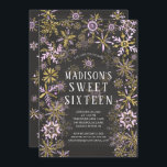 Winter Wonderland Sweet Sixteen Verjaardagsfeest Kaart<br><div class="desc">Moderne winter zoete zestien uitnodiging met gouden & roze sneeuwvlokken op een trending zwarte krijtbord achtergrond.</div>