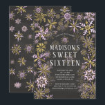 Winter Wonderland Sweet Sixteen Verjaardagsfeest Kaart<br><div class="desc">Moderne winter zoete zestien uitnodiging met gouden & roze sneeuwvlokken op een trending zwarte krijtbord achtergrond.</div>