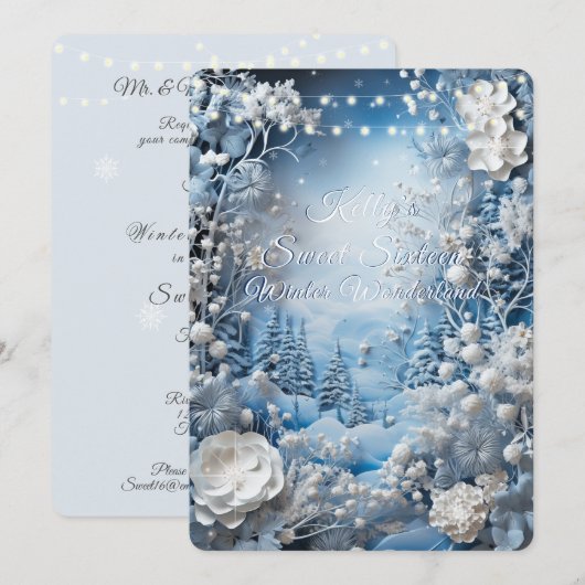 Winter Wonderland Sweet Sixteen Witte Lichtjes Kaart (Voorkant / Achterkant)