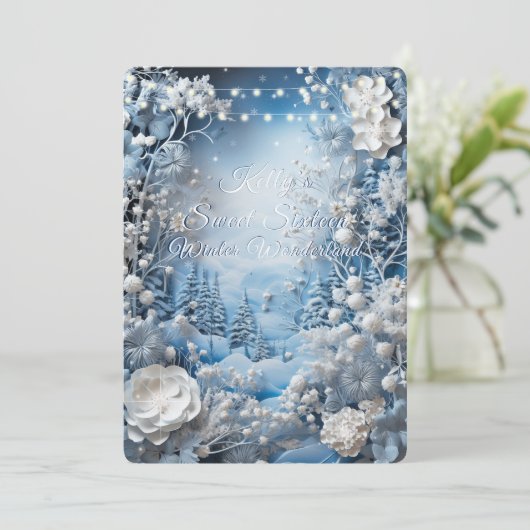 Winter Wonderland Sweet Sixteen Witte Lichtjes Kaart (Staand voorkant)