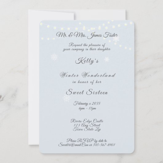 Winter Wonderland Sweet Sixteen Witte Lichtjes Kaart (Achterkant)