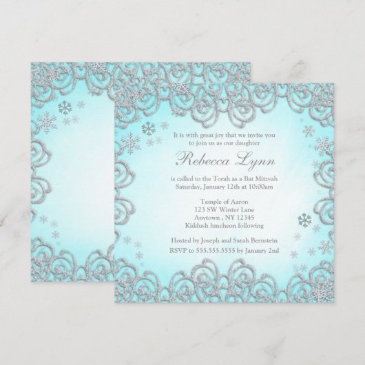Winter Wonderland Swirl Snowflakes Bat Mitzvah Kaart (Voorkant / Achterkant)