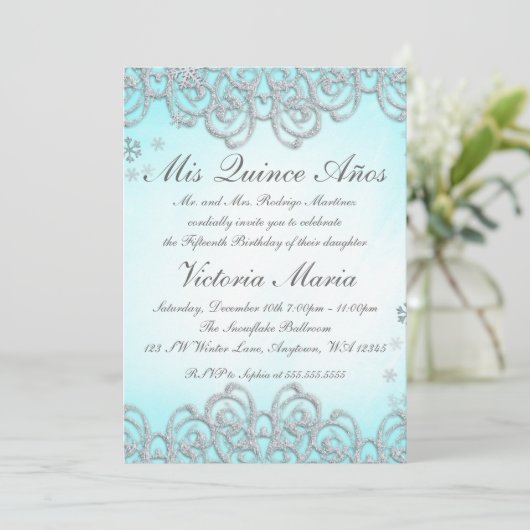 Winter Wonderland Swirl Snowflakes Quinceanera Kaart (Staand voorkant)