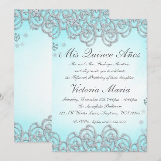 Winter Wonderland Swirl Snowflakes Quinceanera Kaart (Voorkant / Achterkant)