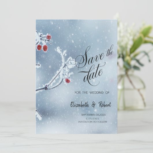 Winter Wonderland takken blauw Save the Date (Staand voorkant)