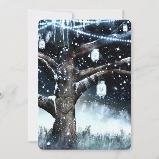 Winter Wonderland Tree Lights & Mason Jars Weddens Kaart (Achterkant)