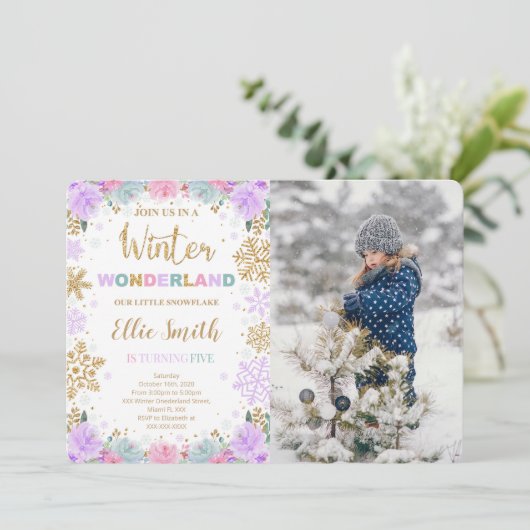 Winter Wonderland uitnodiging met foto (Staand voorkant)