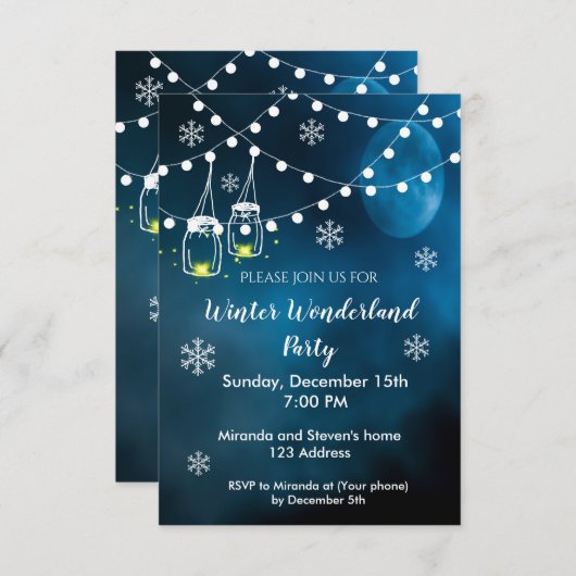 Winter wonderland uitnodiging nacht blauwe maan (Voorkant / Achterkant)
