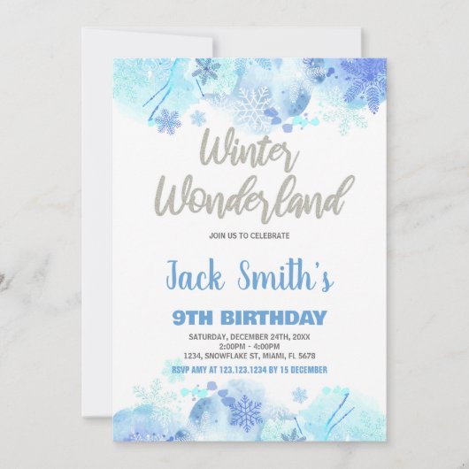 Winter Wonderland Uitnodigingen Blauw Zilver Sneeu (Voorkant)