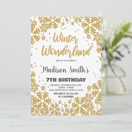 Winter Wonderland Uitnodigingen Gouden Glitter (Staand voorkant)