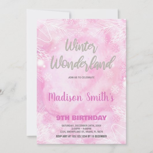 Winter Wonderland Uitnodigingen Roze Zilveren Glit (Voorkant)
