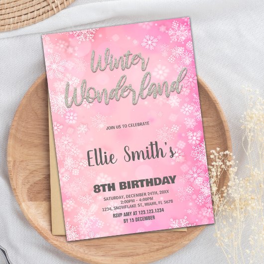 Winter Wonderland Uitnodigingen Roze Zilveren Glit