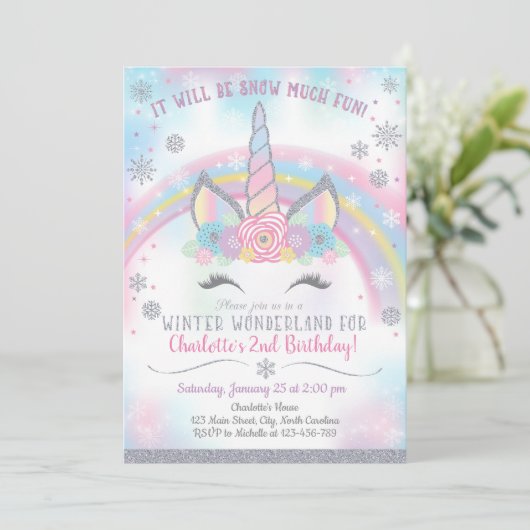 Winter Wonderland Unicorn Verjaardag Uitnodiging (Staand voorkant)