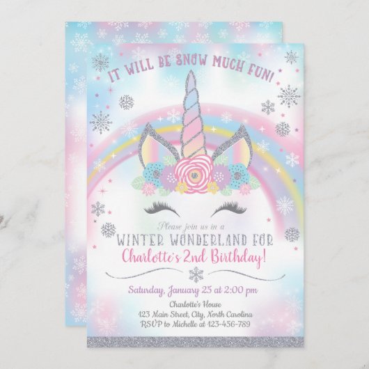 Winter Wonderland Unicorn Verjaardag Uitnodiging (Voorkant / Achterkant)