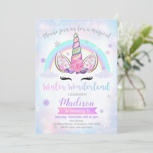 Winter Wonderland Unicorn Verjaardag Uitnodiging (Staand voorkant)