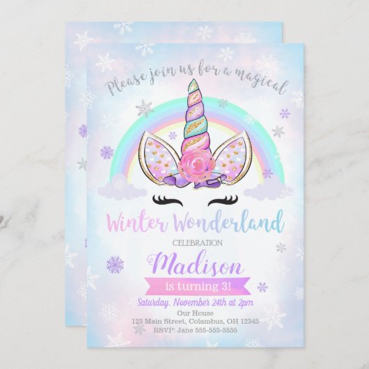 Winter Wonderland Unicorn Verjaardag Uitnodiging (Voorkant / Achterkant)