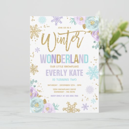 Winter Wonderland Verjaardag Gouden Paarse Sneeuwv Kaart (Staand voorkant)