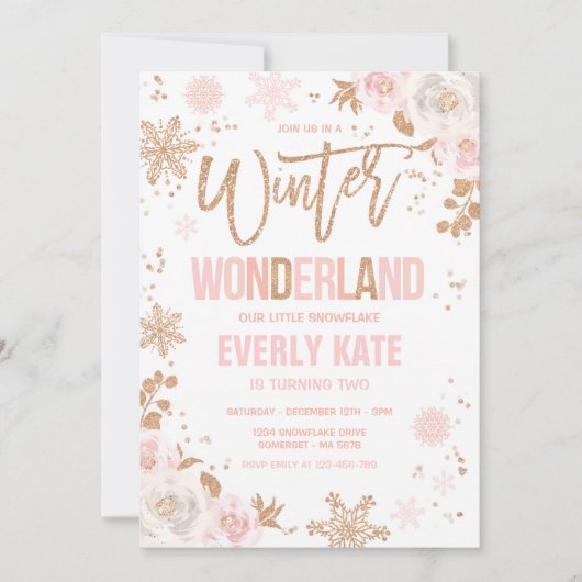 Winter Wonderland Verjaardag Roos Gold en Pink Kaart (Voorkant)