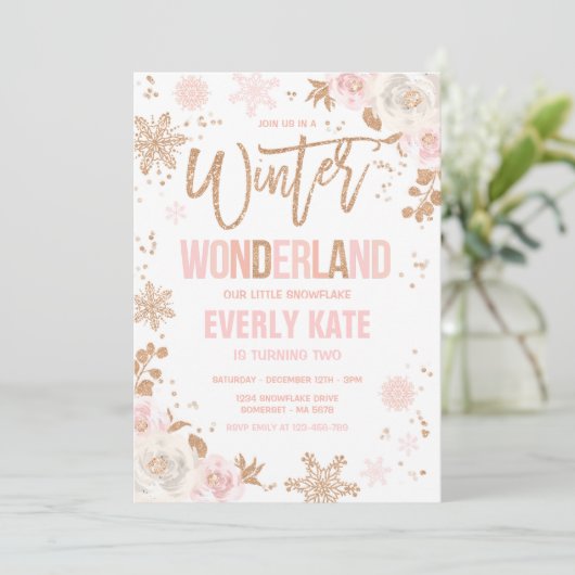 Winter Wonderland Verjaardag Roos Gold en Pink Kaart (Staand voorkant)