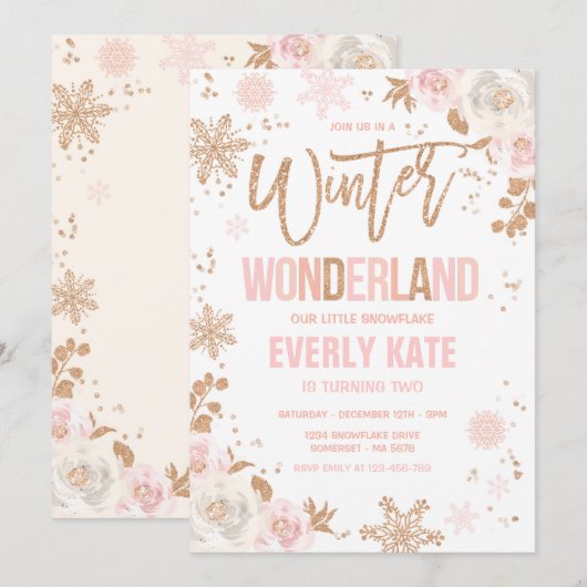 Winter Wonderland Verjaardag Roos Gold en Pink Kaart (Voorkant / Achterkant)