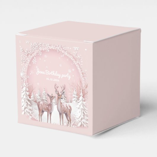 Winter Wonderland Verjaardag | Roze en herten Bedankdoosjes (Voorkant Zijde)