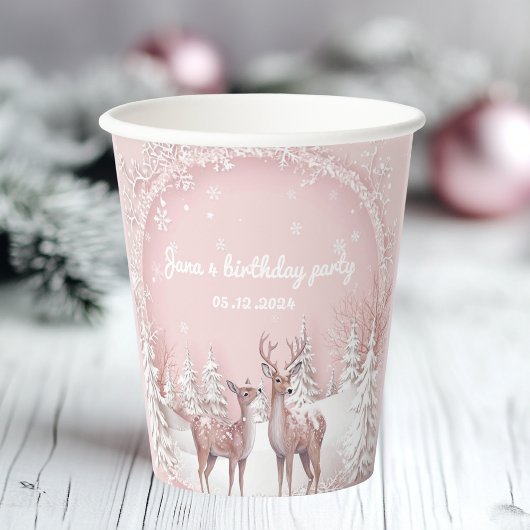 Winter Wonderland Verjaardag | Roze en herten Papieren Bekers
