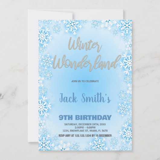 Winter Wonderland Verjaardag Uitnodigingen Blauw (Voorkant)