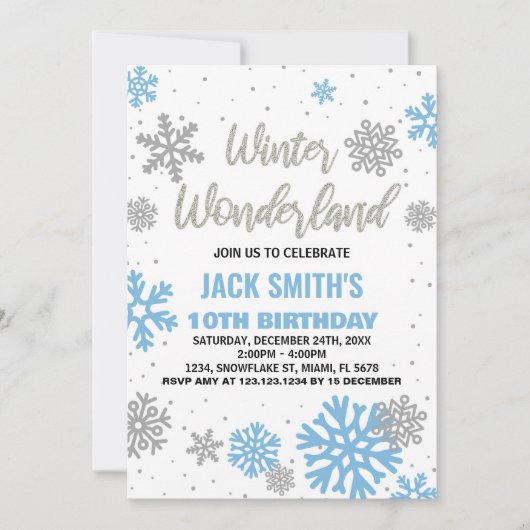 Winter Wonderland Verjaardag Uitnodigingen Blauw W (Voorkant)