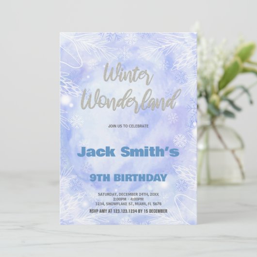 Winter Wonderland Verjaardag Uitnodigingen Blauw Z (Staand voorkant)