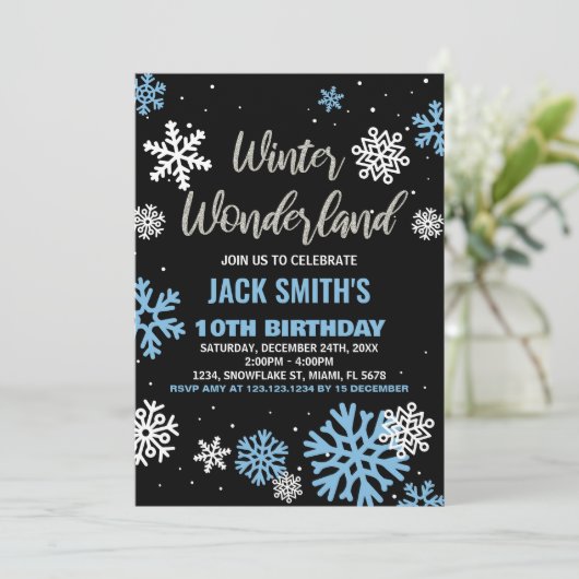 Winter Wonderland Verjaardag Uitnodigingen Blauw Z (Staand voorkant)