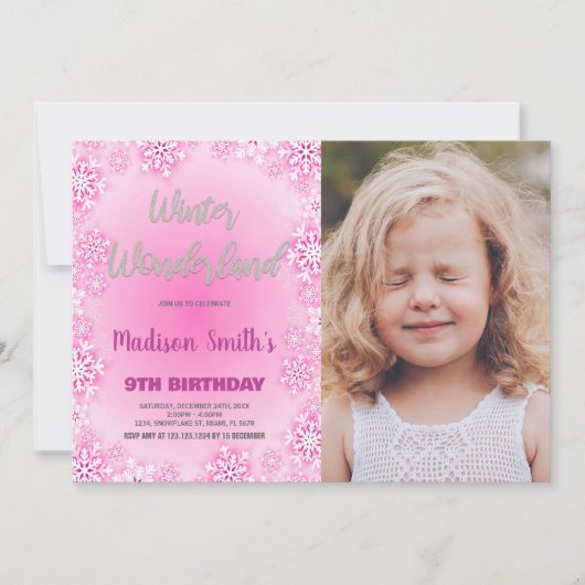 Winter Wonderland Verjaardag Uitnodigingen Roze Fo (Voorkant)