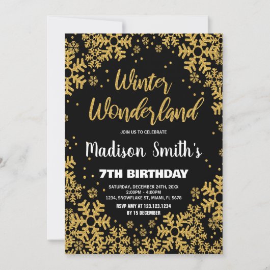 Winter Wonderland Verjaardag Uitnodigingen Zwart G (Voorkant)