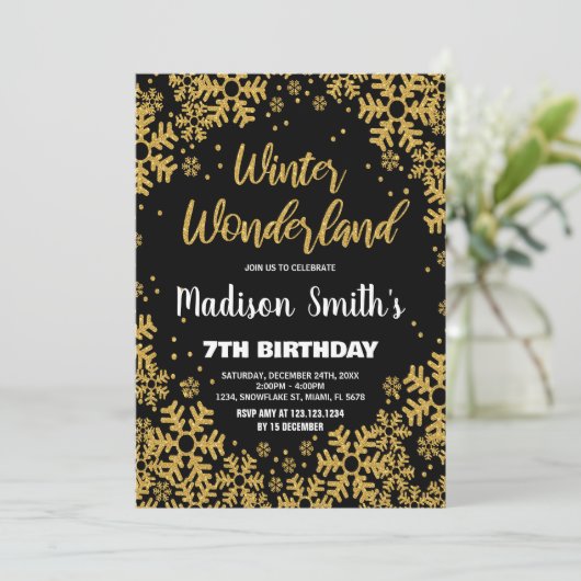 Winter Wonderland Verjaardag Uitnodigingen Zwart G (Staand voorkant)