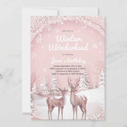 Winter Wonderland Verjaardag | Zacht roze en herte Kaart (Voorkant)