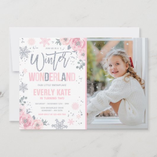 Winter Wonderland Verjaardag Zilveren Roze Sneeuwv Kaart (Voorkant)