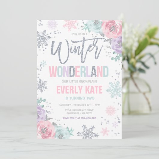 Winter Wonderland Verjaardag Zilveren Roze Sneeuwv Kaart (Staand voorkant)