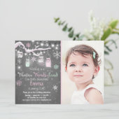 Winter Wonderland verjaardagsuitnodiging Mint roze Kaart (Staand voorkant)