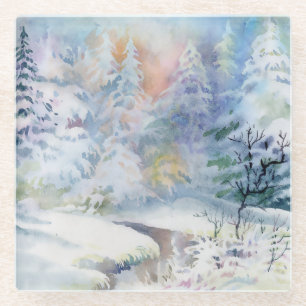 Winter Wonderland: Waterverf Landschap Glazen Onderzetter
