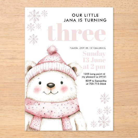 Winter Wonderland Wit Beer Acryl Verjaardag Acryl Uitnodigingen (Voorkant)