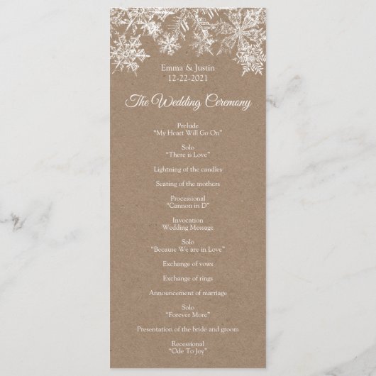 Winter Wonderland Wit & Kraft Sneeuwvlokken Bruilo Programmakaart (Achterkant)