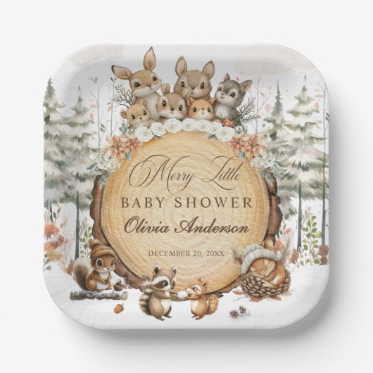 Winter Wonderland Woodland Animals Baby shower Papieren Bordje (Voorkant)