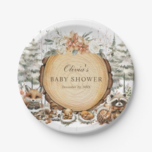 Winter Wonderland Woodland Animals Baby shower Papieren Bordje (Voorkant)