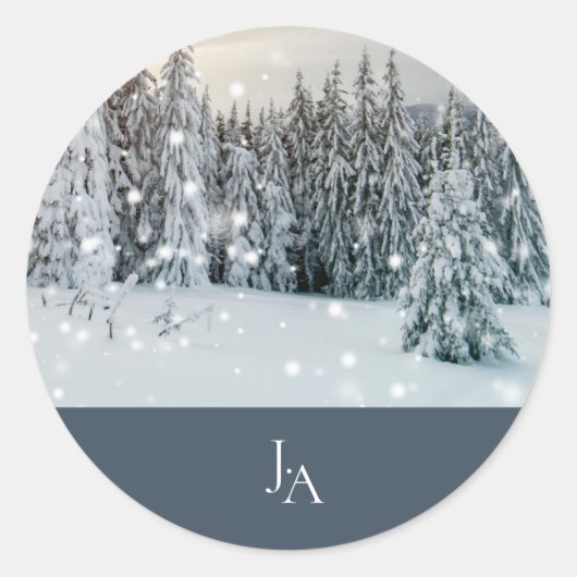 Winter Wonderland Woodland Sneeuw Script Trouw Ronde Sticker (Voorkant)