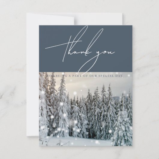 Winter Wonderland Woodland Sneeuwscript Bruiloft Bedankkaart (Voorkant)