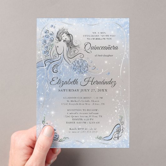 Winter Wonderland Zilver Lichtblauw Quinceanera Acryl Uitnodigingen (Insitu (Draagbaar))