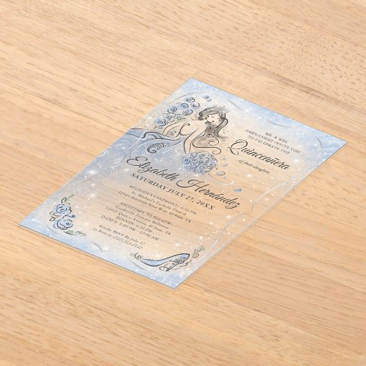 Winter Wonderland Zilver Lichtblauw Quinceanera Acryl Uitnodigingen (Laagn)