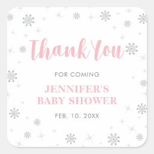 Winter wonderland, Zilver & Roze Baby Shower Favor Vierkante Sticker