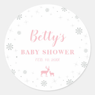Winter wonderland, Zilver & Roze Baby Shower Ronde Sticker